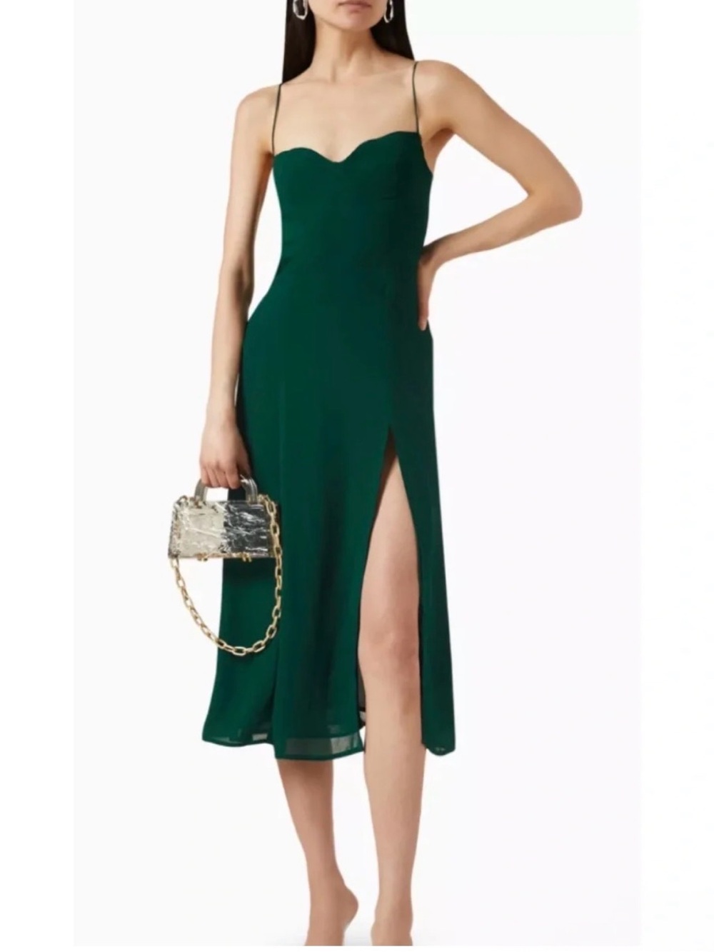 Reformation Dress Emerald Green Slip Midi Cocktail Tie Sleeve Size 0